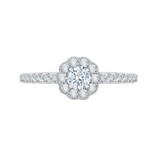 Round Halo Diamond Floral Engagement Ring in 14K White Gold