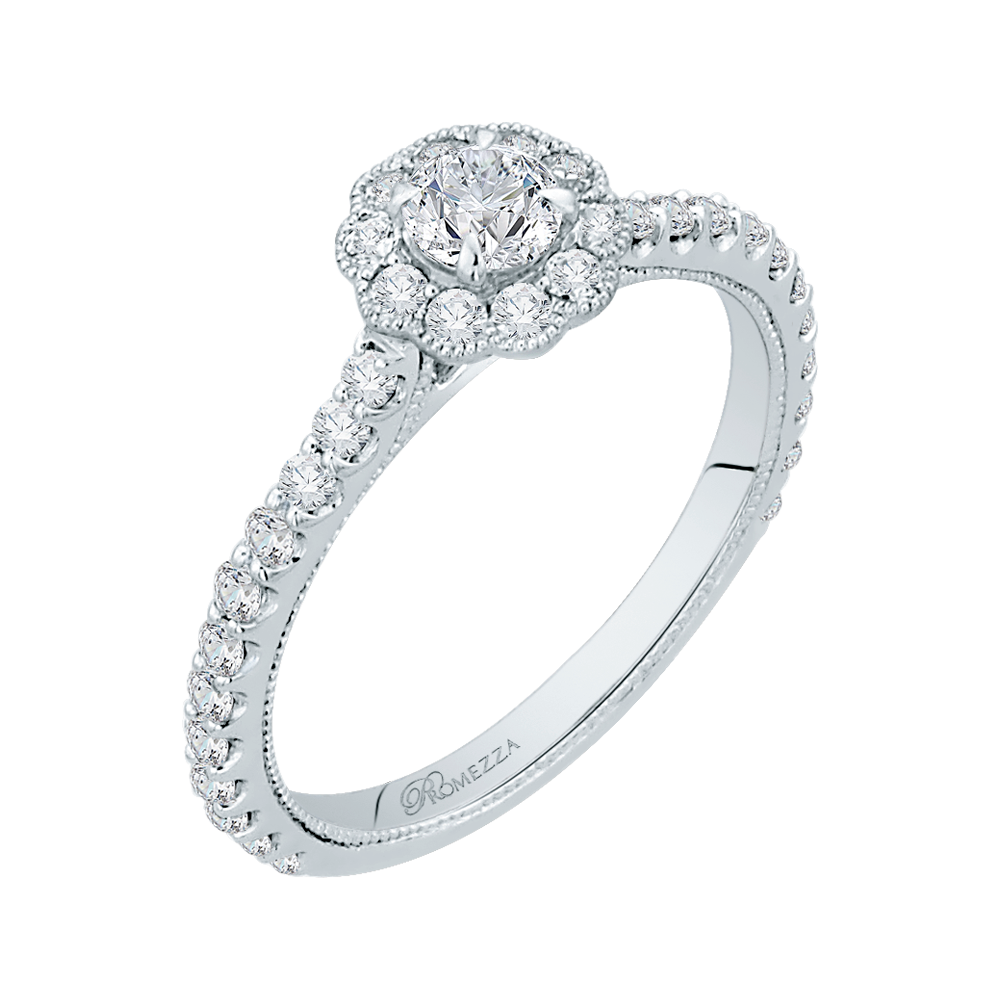 Round Halo Diamond Floral Engagement Ring in 14K White Gold