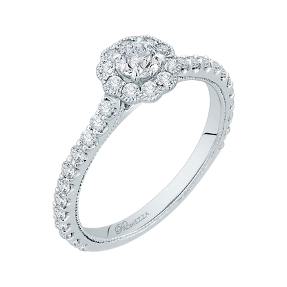 Round Halo Diamond Floral Engagement Ring in 14K White Gold