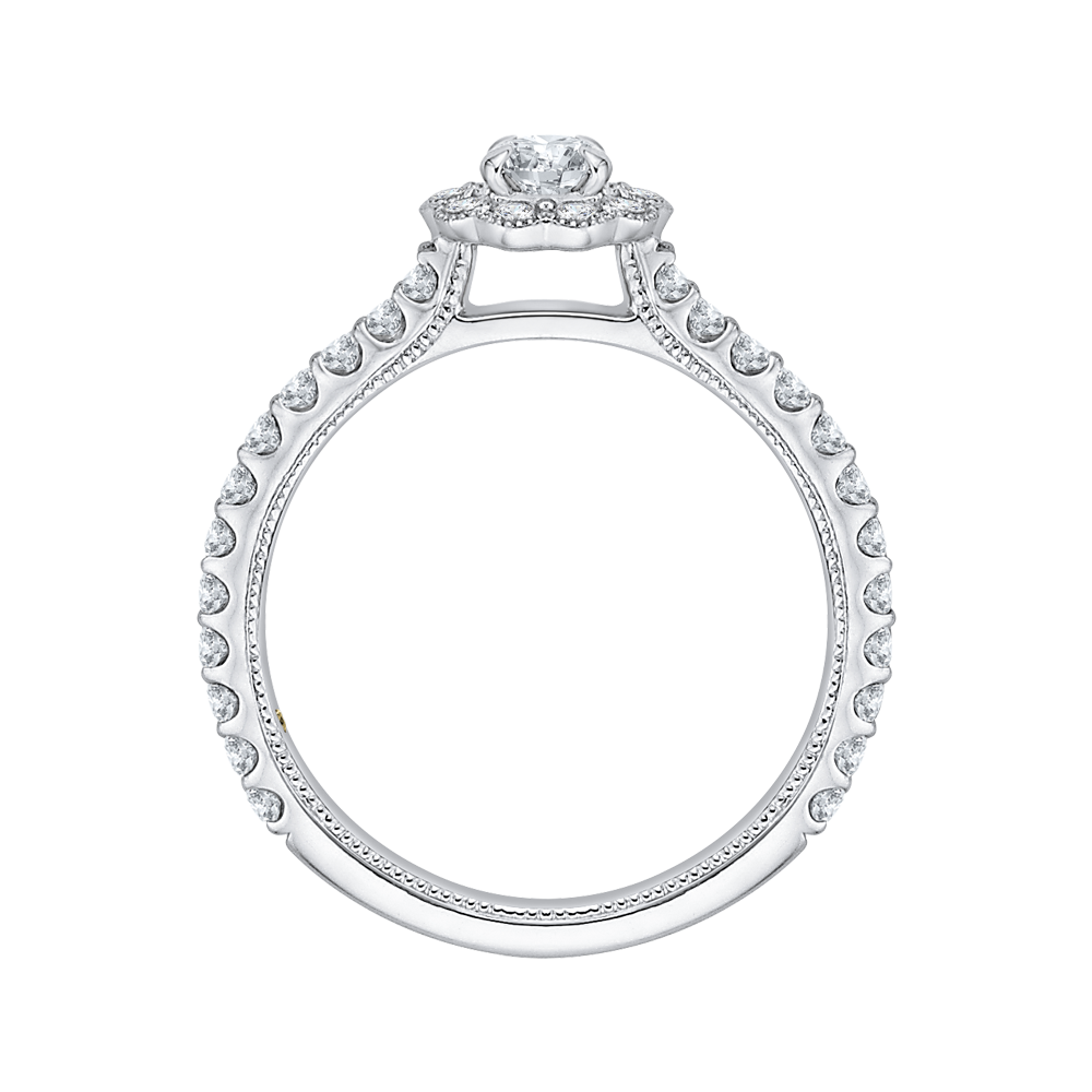 Round Halo Diamond Floral Engagement Ring in 14K White Gold