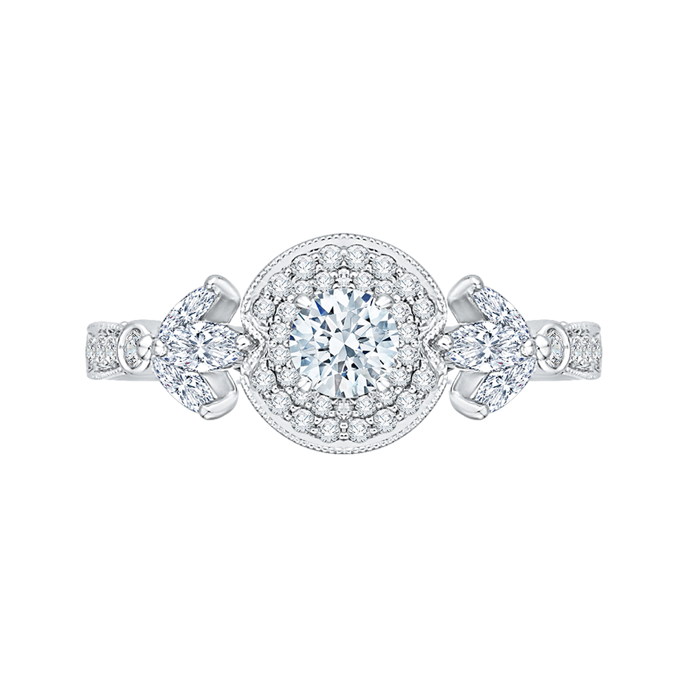 Round Diamond Double Halo Floral Engagement Ring in 14K White Gold