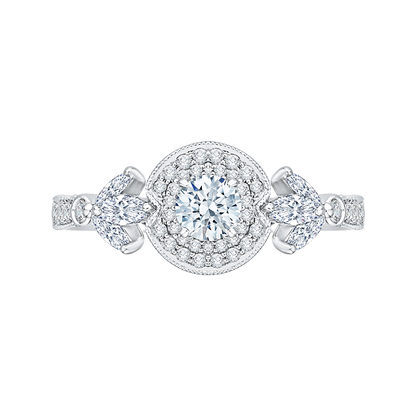 Round Diamond Double Halo Floral Engagement Ring in 14K White Gold