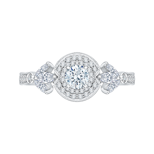 Round Diamond Double Halo Floral Engagement Ring in 14K White Gold