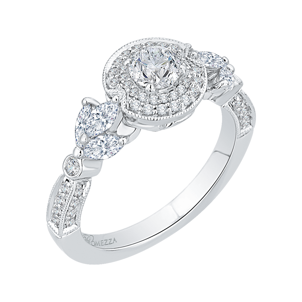 Round Diamond Double Halo Floral Engagement Ring in 14K White Gold