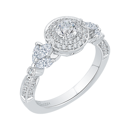 Round Diamond Double Halo Floral Engagement Ring in 14K White Gold