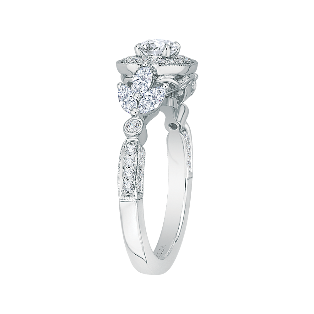 Round Diamond Double Halo Floral Engagement Ring in 14K White Gold