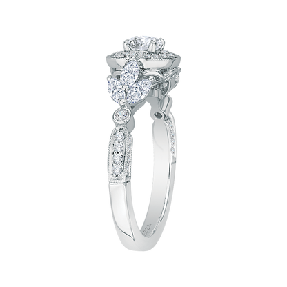 Round Diamond Double Halo Floral Engagement Ring in 14K White Gold