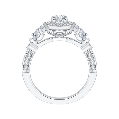 Round Diamond Double Halo Floral Engagement Ring in 14K White Gold