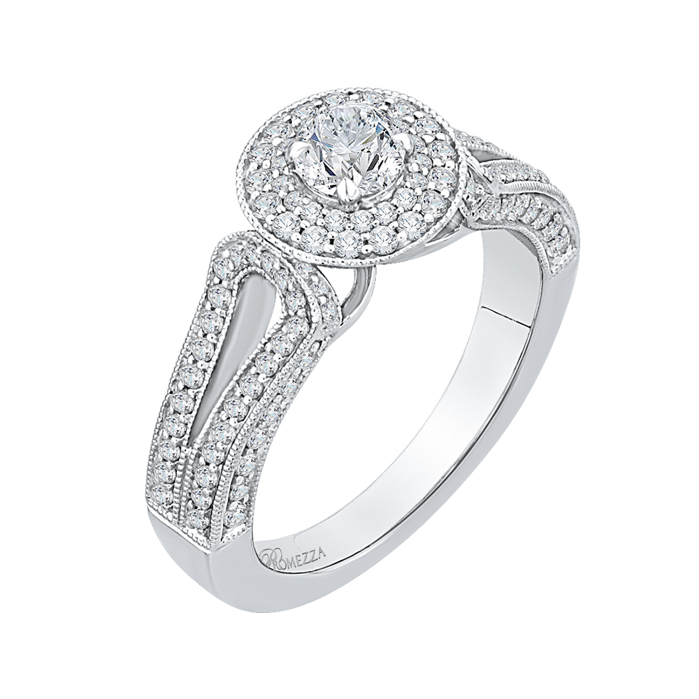 Split Shank Round Diamond Double Halo Engagement Ring in 14K White Gold