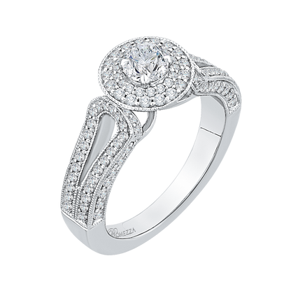 Split Shank Round Diamond Double Halo Engagement Ring in 14K White Gold