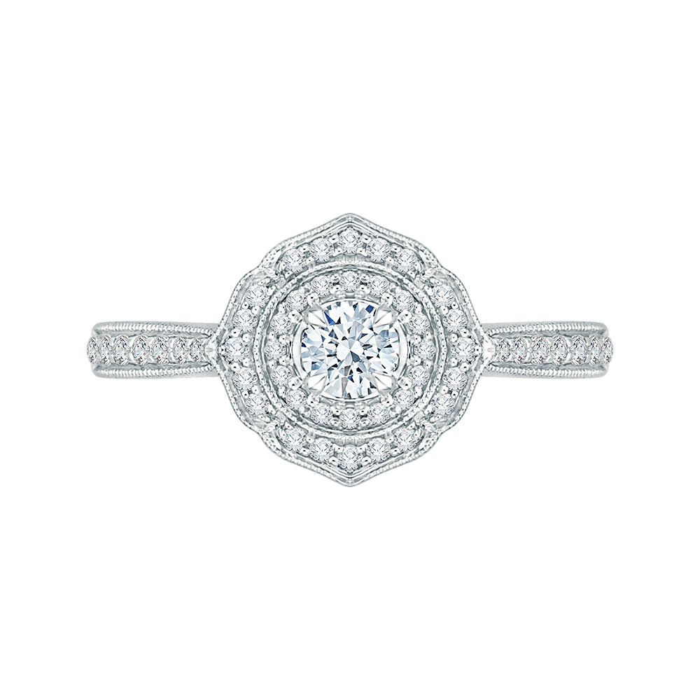 Round Diamond Double Halo Floral Engagement Ring in 14K White Gold