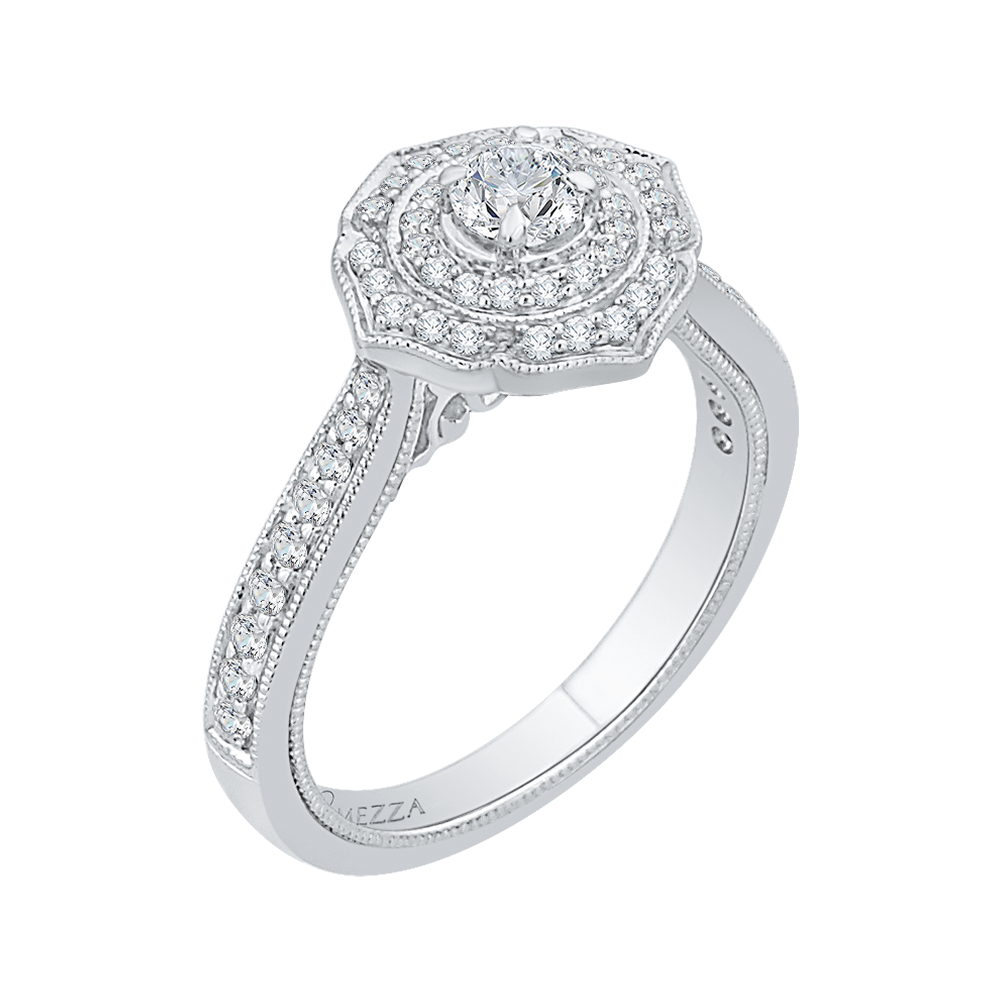 Round Diamond Double Halo Floral Engagement Ring in 14K White Gold