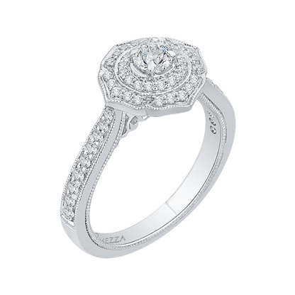 Round Diamond Double Halo Floral Engagement Ring in 14K White Gold