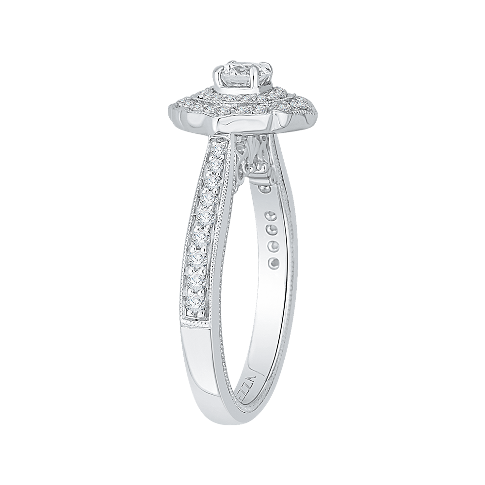 Round Diamond Double Halo Floral Engagement Ring in 14K White Gold