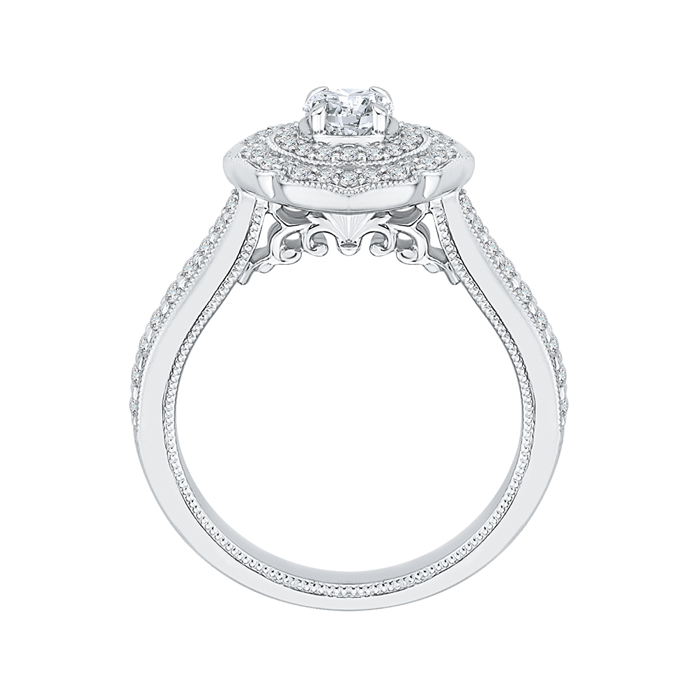 Round Diamond Double Halo Floral Engagement Ring in 14K White Gold