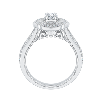 Round Diamond Double Halo Floral Engagement Ring in 14K White Gold