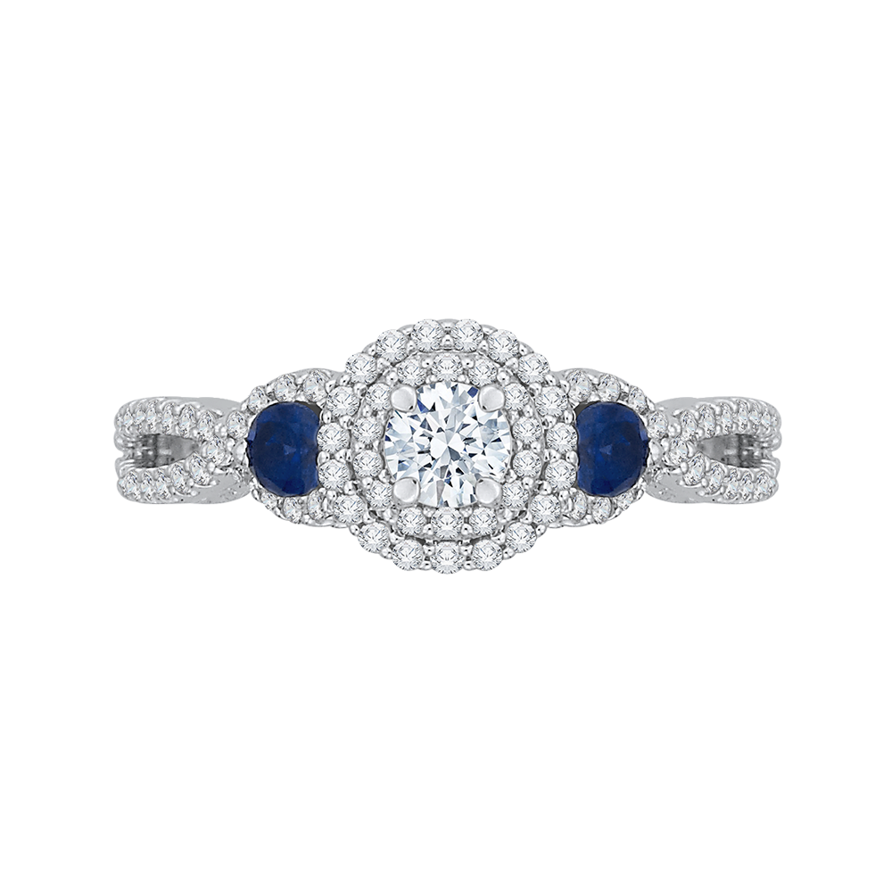 Diamond And Sapphire Three-Stone Halo Engagement Ring in 14K White Gold