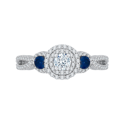 Diamond And Sapphire Three-Stone Halo Engagement Ring in 14K White Gold