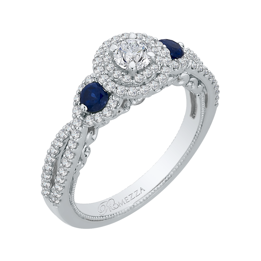 Diamond And Sapphire Three-Stone Halo Engagement Ring in 14K White Gold