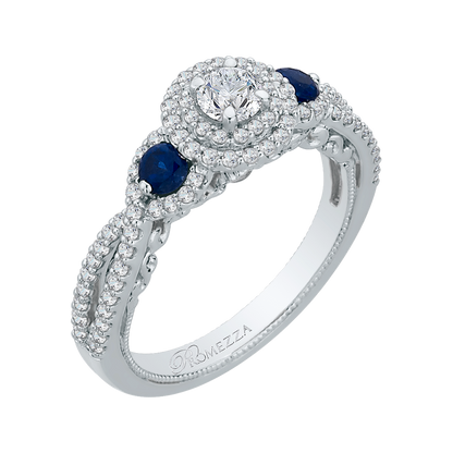 Diamond And Sapphire Three-Stone Halo Engagement Ring in 14K White Gold