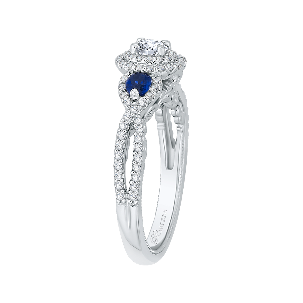 Diamond And Sapphire Three-Stone Halo Engagement Ring in 14K White Gold