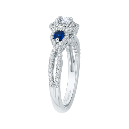 Diamond And Sapphire Three-Stone Halo Engagement Ring in 14K White Gold