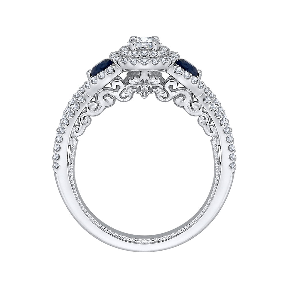 Diamond And Sapphire Three-Stone Halo Engagement Ring in 14K White Gold