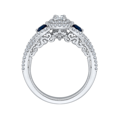 Diamond And Sapphire Three-Stone Halo Engagement Ring in 14K White Gold