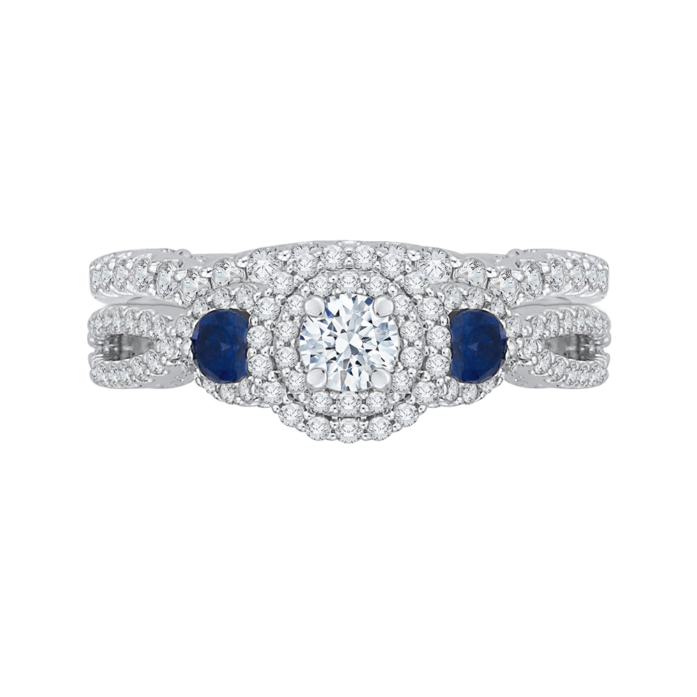 Diamond And Sapphire Three-Stone Halo Engagement Ring in 14K White Gold