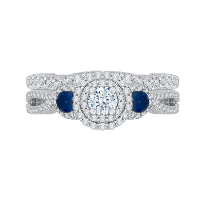 Diamond And Sapphire Three-Stone Halo Engagement Ring in 14K White Gold