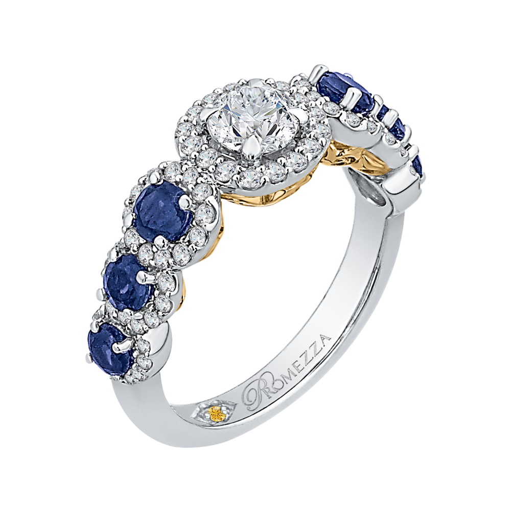 Round Diamond Halo Engagement Ring With Sapphire in 14K Two Tone Gold