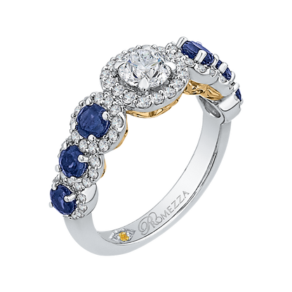 Round Diamond Halo Engagement Ring With Sapphire in 14K Two Tone Gold