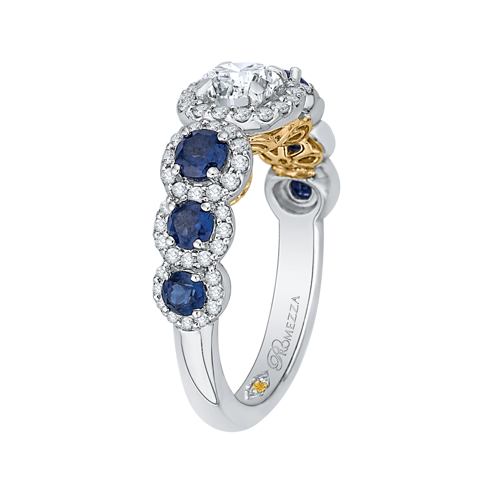 Round Diamond Halo Engagement Ring With Sapphire in 14K Two Tone Gold