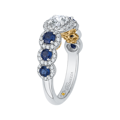 Round Diamond Halo Engagement Ring With Sapphire in 14K Two Tone Gold