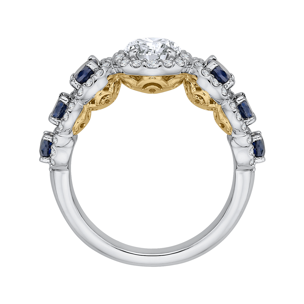 Round Diamond Halo Engagement Ring With Sapphire in 14K Two Tone Gold