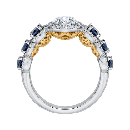 Round Diamond Halo Engagement Ring With Sapphire in 14K Two Tone Gold