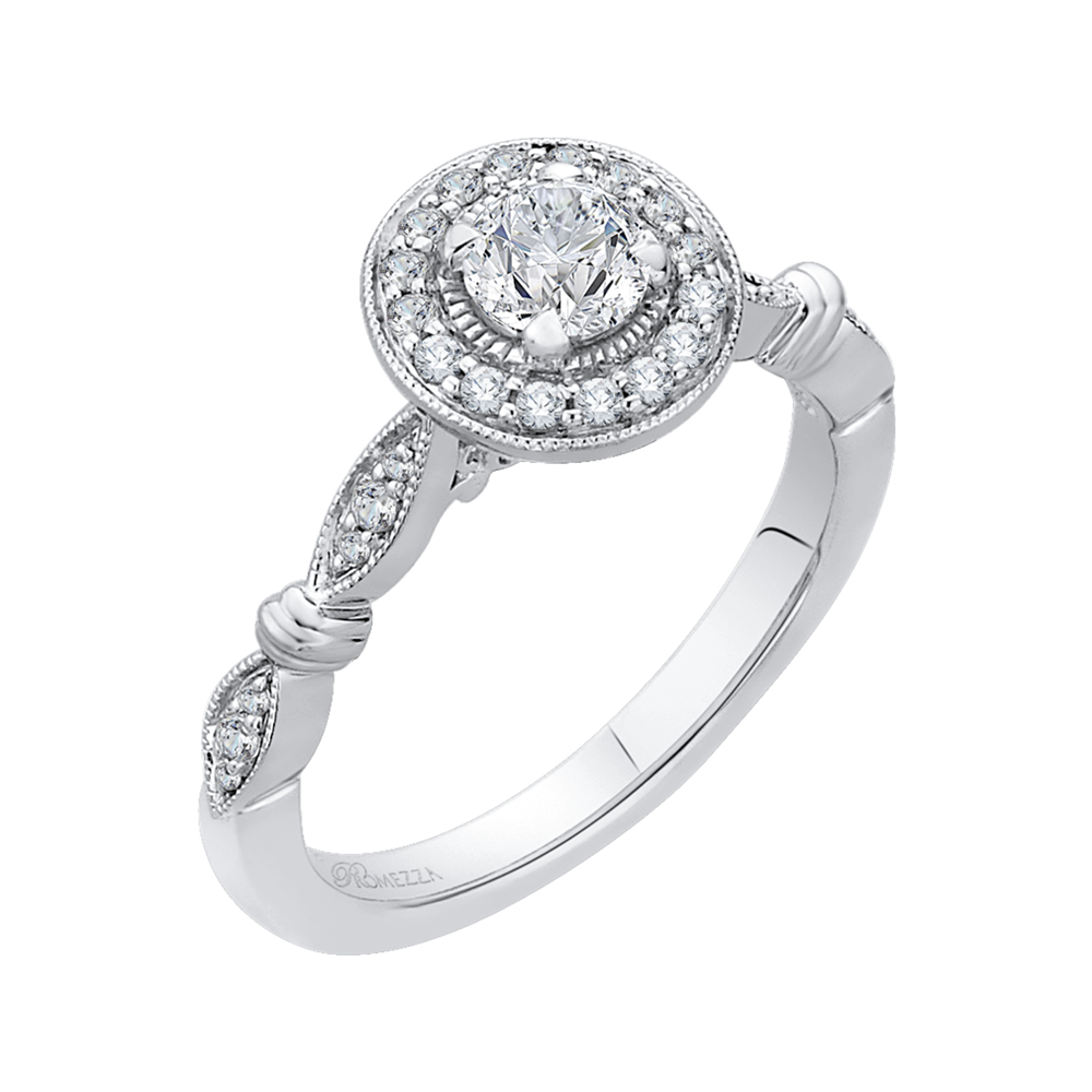 Round Diamond Halo Vintage Engagement Ring in 14K White Gold