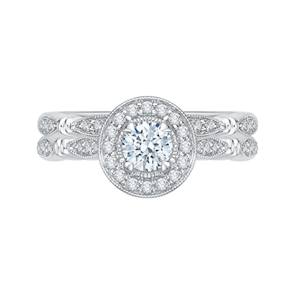 Round Diamond Halo Vintage Engagement Ring in 14K White Gold