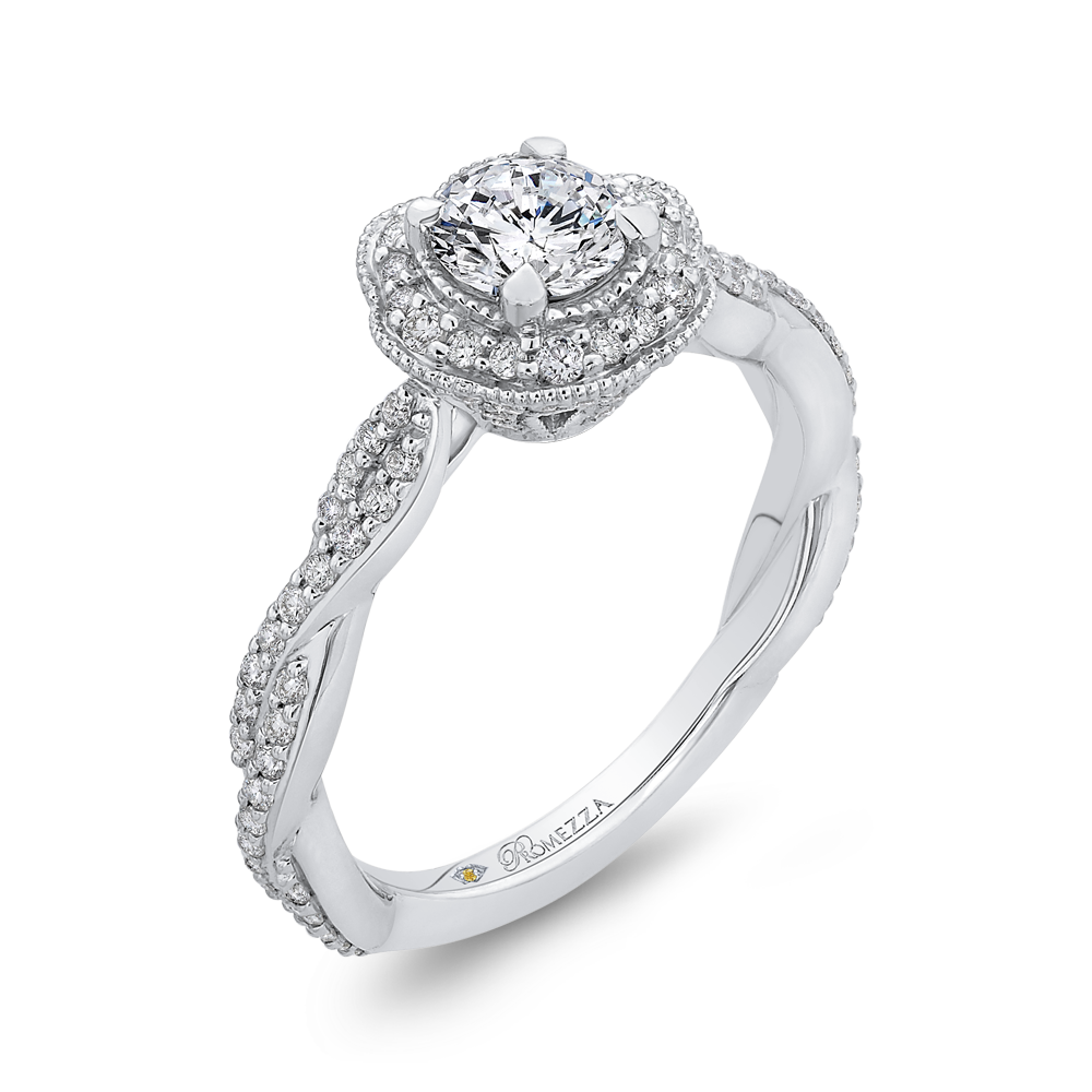 Round Diamond Floral Halo Engagement Ring in 14K White Gold