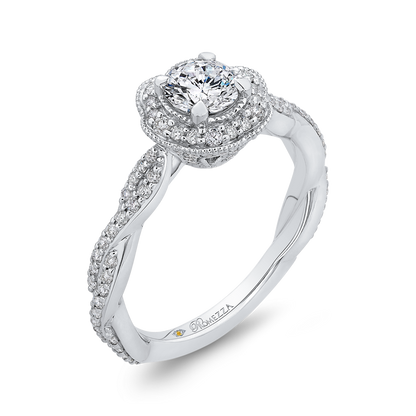 Round Diamond Floral Halo Engagement Ring in 14K White Gold