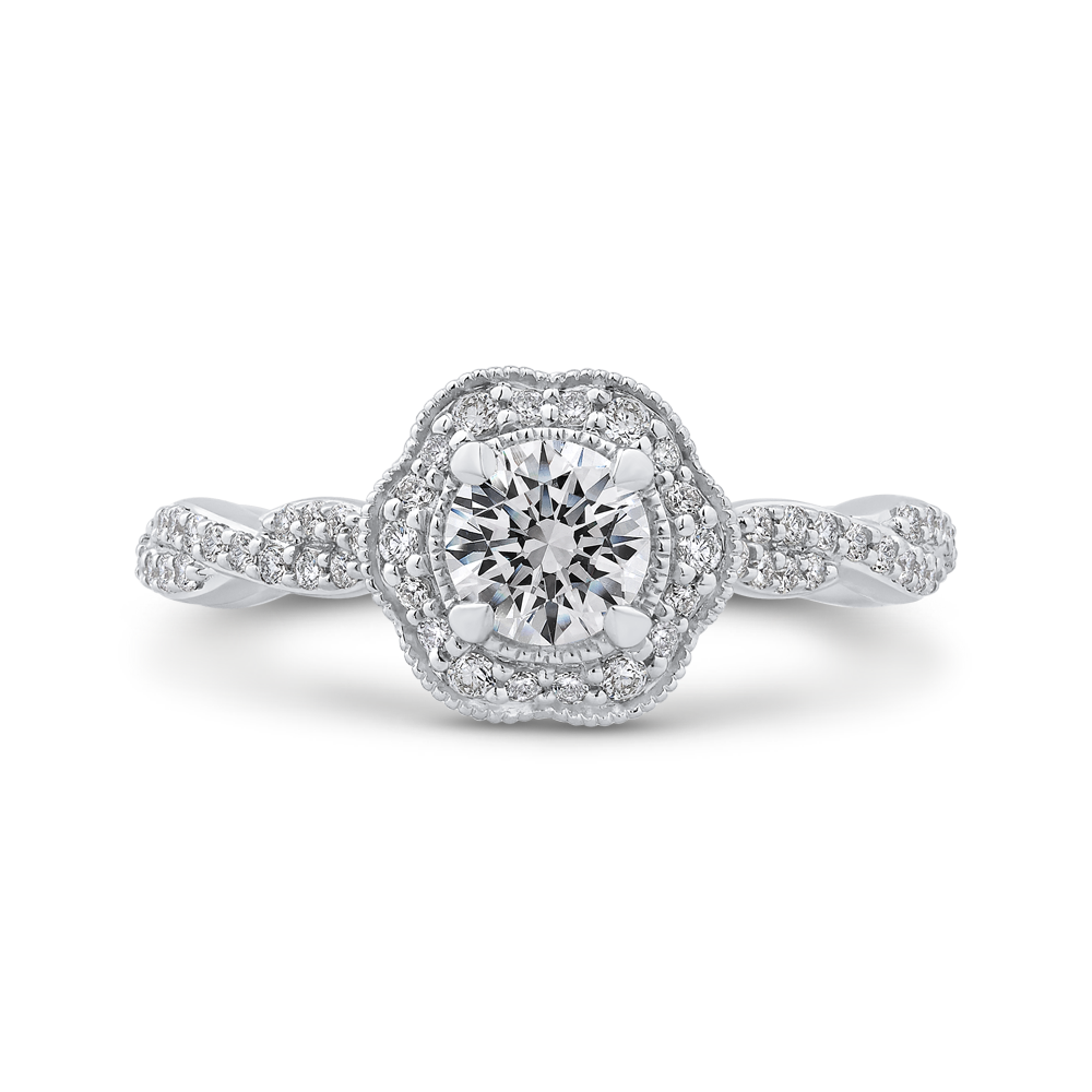 Round Diamond Floral Halo Engagement Ring in 14K White Gold