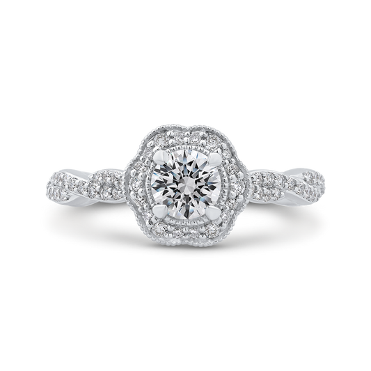 Round Diamond Floral Halo Engagement Ring in 14K White Gold