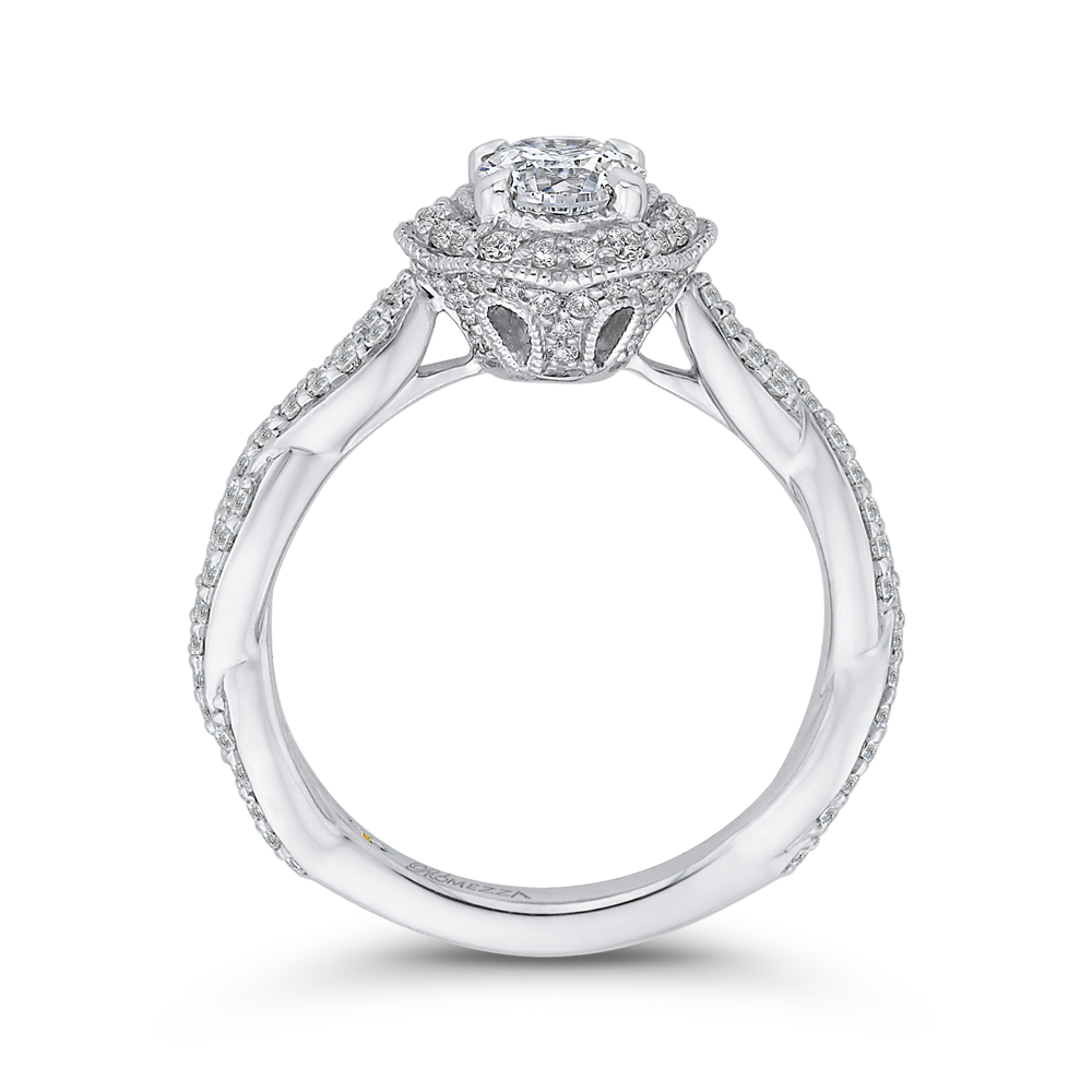 Round Diamond Floral Halo Engagement Ring in 14K White Gold