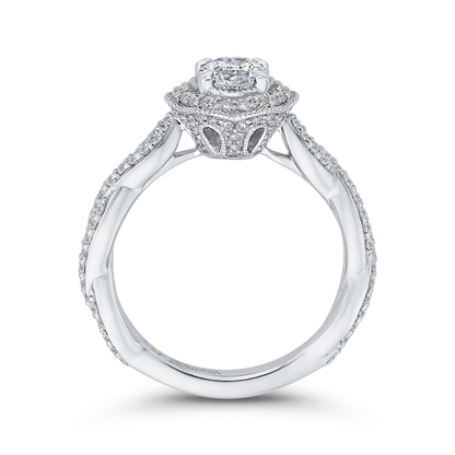 Round Diamond Floral Halo Engagement Ring in 14K White Gold