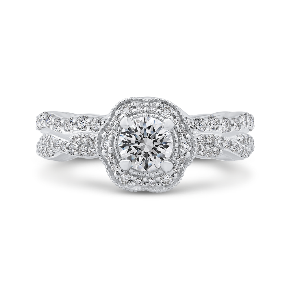 Round Diamond Floral Halo Engagement Ring in 14K White Gold