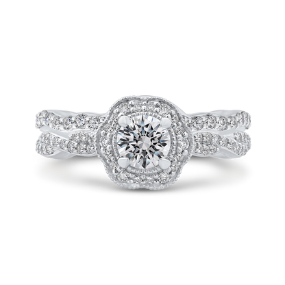 Round Diamond Floral Halo Engagement Ring in 14K White Gold