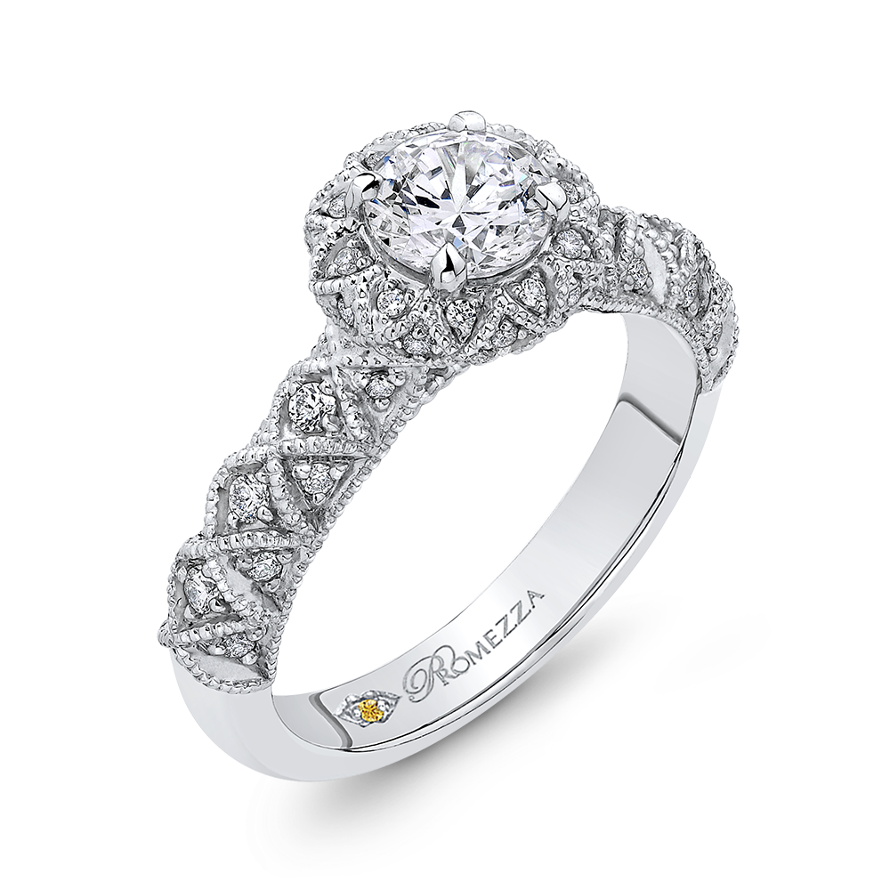 Round Diamond Floral Halo Engagement Ring in 14K White Gold