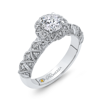 Round Diamond Floral Halo Engagement Ring in 14K White Gold