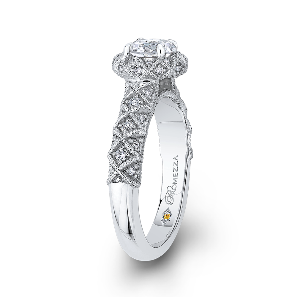 Round Diamond Floral Halo Engagement Ring in 14K White Gold