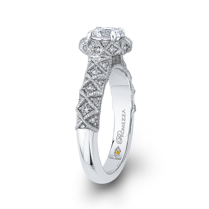 Round Diamond Floral Halo Engagement Ring in 14K White Gold